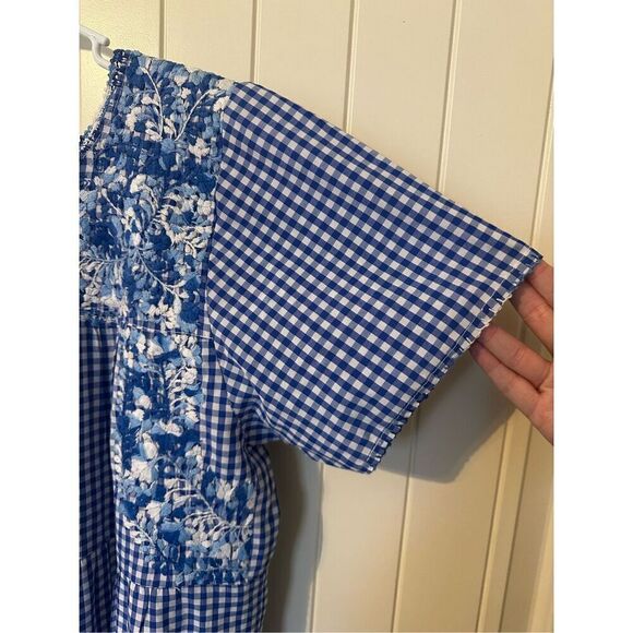 Margarita Mercantile Blue White Embroidered Gingham Tiered Midi Mexico Dress - Picture 6 of 13
